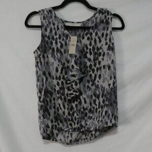 ANN TAYLOR LOFT PETITES Gray Animal Print Ruffle V-Neck Blouse Tank Top size XSP